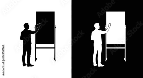 A person giving a presentation with an easel and whiteboard, a black and white icon for business training and strategic meetings.