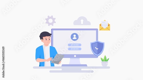 Data protection concept. Shield on Computer data management and protect data.	video animation 4k clip	