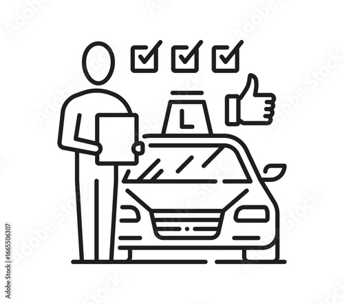 Driving school icon for vehicle drive training and education, vector pictogram. Driving school line icon of car drive test and examiner or driver instructor for automobile education practice