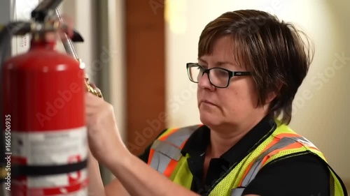 Person inspecting a fire extinguisher