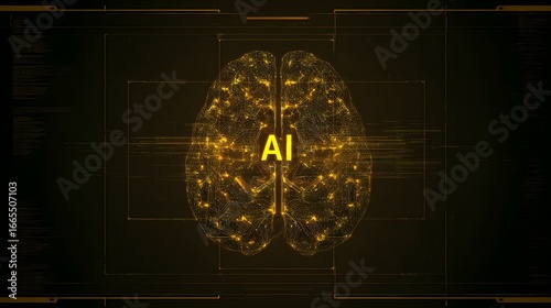 Golden circuit board brain with glowing neural pathways and central AI acronym representing artificial intelligence.
