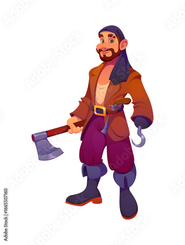 Cartoon pirate ship crew character holding an axe with a hook hand, dressed in a headscarf, boots, belt, and rugged clothes. Vector swashbuckling boarding ship crewman ready for maritime adventure