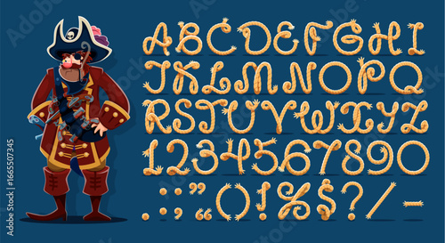 Cartoon rope font, sail ship hawser cable letters. Vector pirate alphabet, numbers and symbols with decorative knots, loops, and textures. Fun maritime abc uppercase letters, digits and punctuation