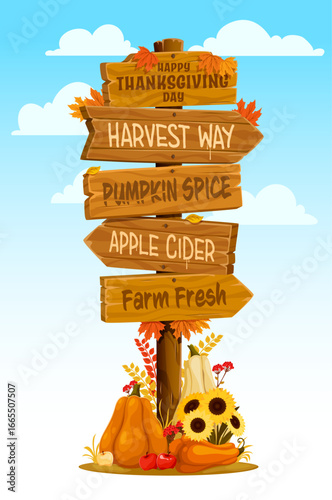Thanksgiving holiday wooden signboard. Cartoon vector festive wood signpost with autumn decorations points to seasonal favorites like pumpkin spice and apple cider. Surrounded apples, and sunflowers