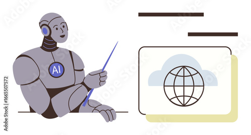 AI robot using pointer for presentation beside digital screen displaying global network and cloud graphic. Ideal for tech, artificial intelligence, education, presentations, automation, innovation