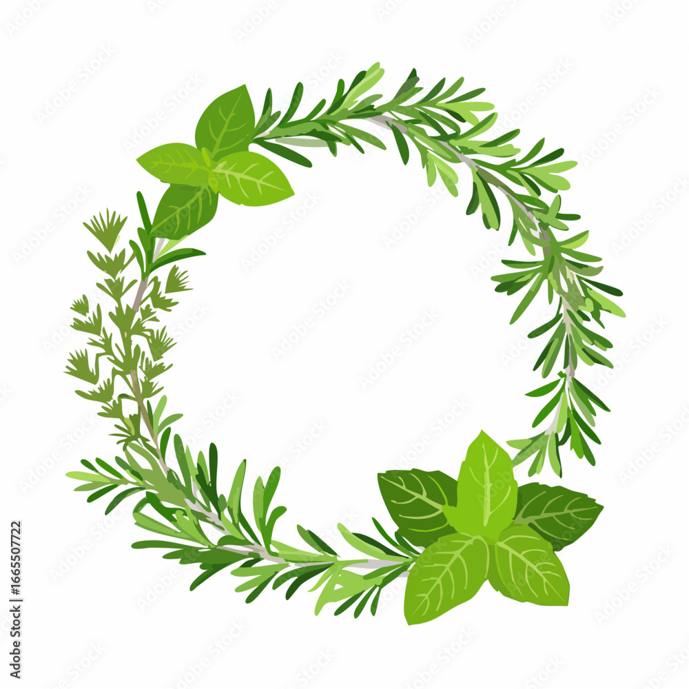 Naklejka premium ハーブの円形フレームをあしらった植物デザイン