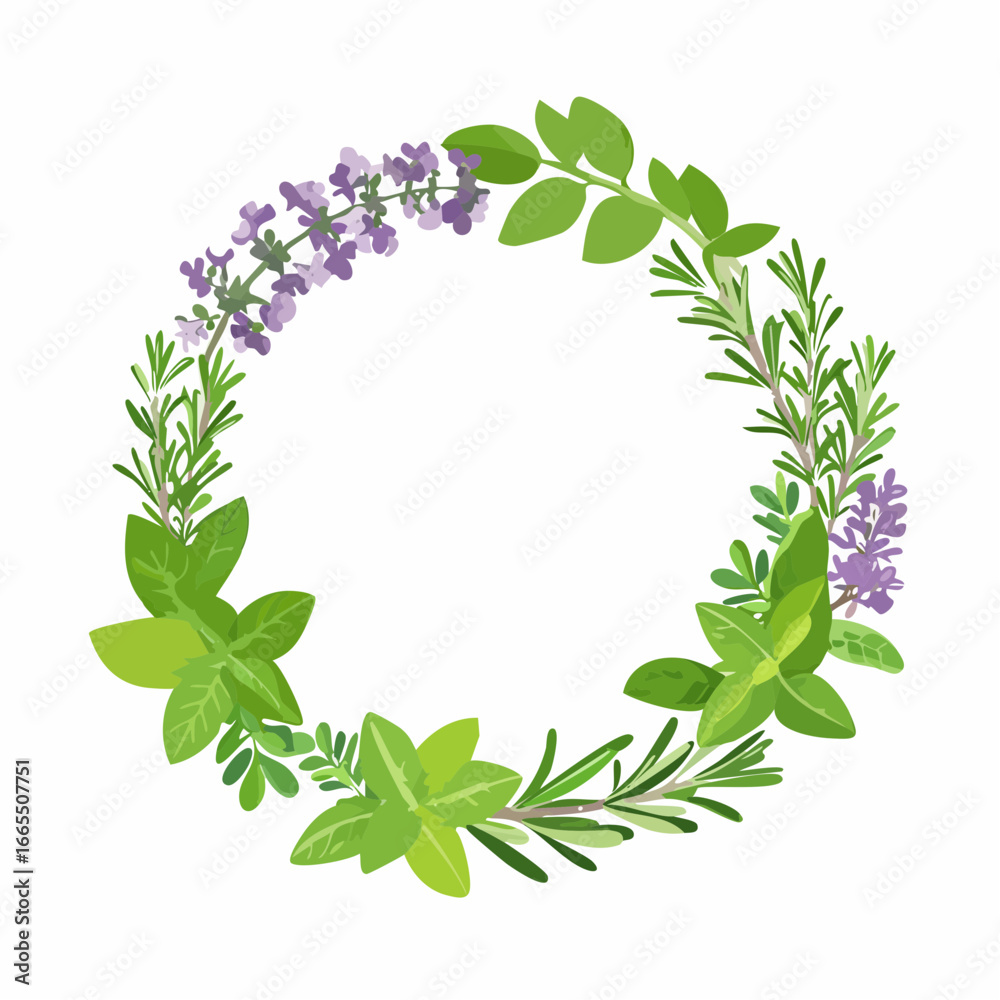Fototapeta premium ハーブの円形フレームをあしらった植物デザイン