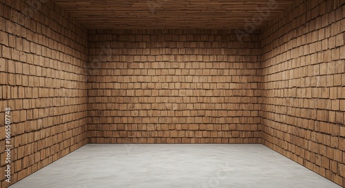 Empty square room with Old larch wood shingle walls on wall