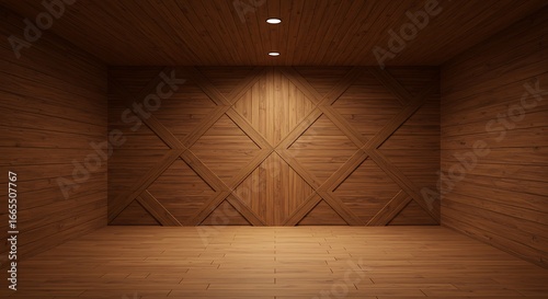 Empty square room with geometric wood pattern with interlocking diamond shapes formed by thin, parallel wooden strips, creating a rich, textured design in warm brown tones on wall