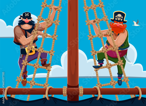 Cartoon pirate characters on the sail ship shrouds. Funny corsair crew sailor vector personages with pirate skull crossbones black hat and bandana, gun and pistol standing on old wood sail boat mast