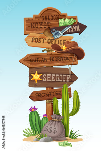 Western wooden signboard, wild west directional sign yard board. Cartoon vector cowboy signpost arrows labeled with saloon, bank, sheriff, outlaw territory, frontier, with desert cacti, money sack