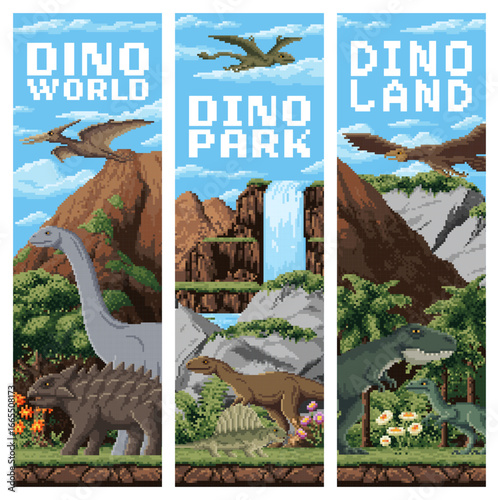 8 bit pixel art prehistoric dinosaurs vertical banners. Retro arcade game pixel extinct reptile vector banner. Pixelated poster with dinosaurs, prehistoric jungle forest and river waterfall, mountains