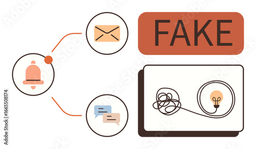 Alert bell, email, and message icons connected to fake text and tangled lightbulb concept. Ideal for fraud, misinformation, scam alert, false information, fake news, cybersecurity digital awareness