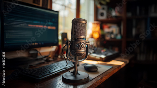 Audio Editing Workspace with Condenser Microphone and Programming Monitor by Window