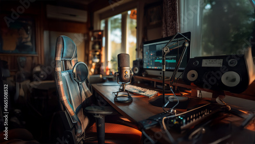 Professional Audio Editing Desk with Microphone and Studio Setup