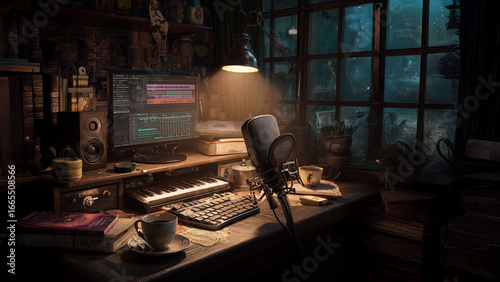 Dark Vintage Composer Studio with Keyboard, Microphone, and Audio Monitor