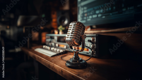 Close-up Retro Microphone on Wooden Desk in Sound Studio