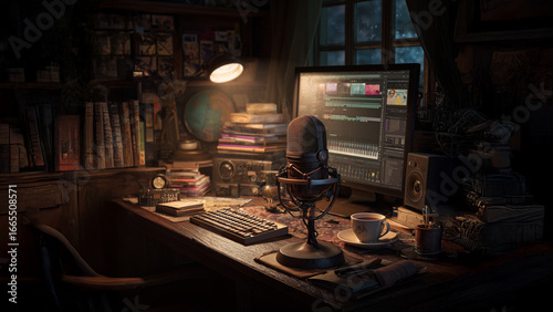 Cozy Vintage Music Studio Workspace with Microphone and Audio Editing Screen