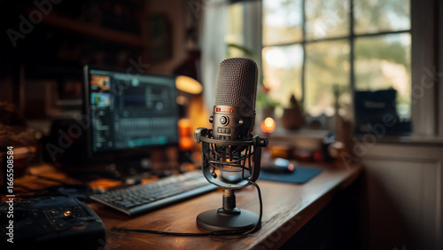 Cozy Music Production Desk with Microphone, Monitor, and Keyboard in Front of Large Bright Window