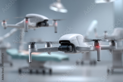 futuristic scene featuring advanced drones and robotic systems in medical environment