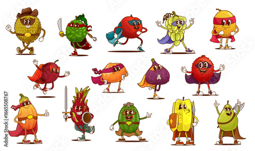 Groovy superhero fruit characters flying with hero costumes, capes and masks. Retro hippie berry food vector personages of cartoon feijoa, fig, papaya and lychee. Groovy grapes, pomelo and tamarillo