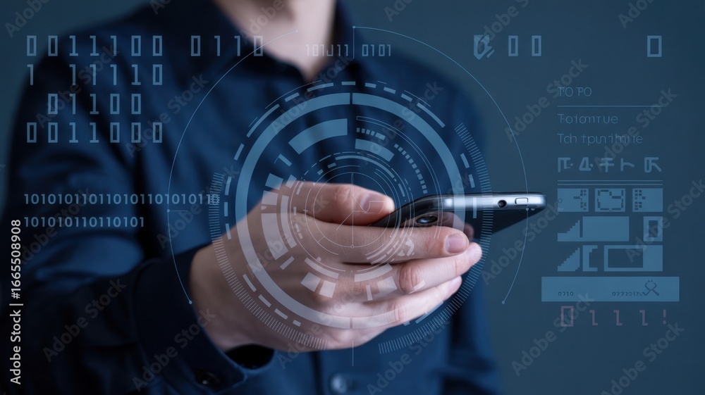 Fototapeta premium Man holding smartphone with digital data and information overlay representing technology, communication, and digital transformation in business and innovation