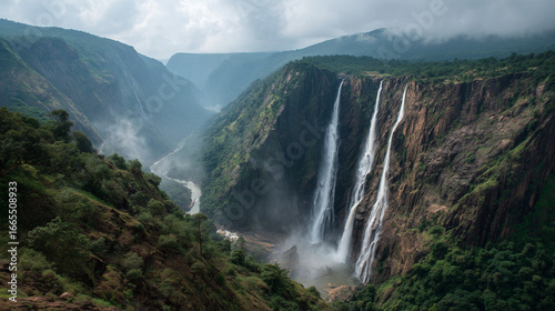 Jog Falls India, segmented vertical waterfalls, misty cliffs, cinematic wide shot