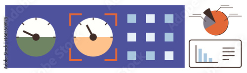 Gauges for performance, pie chart with multiple sections, bar graph, and grid interface for analytics. Ideal for data monitoring, business insights, visual tools, tech, reports analysis simple flat