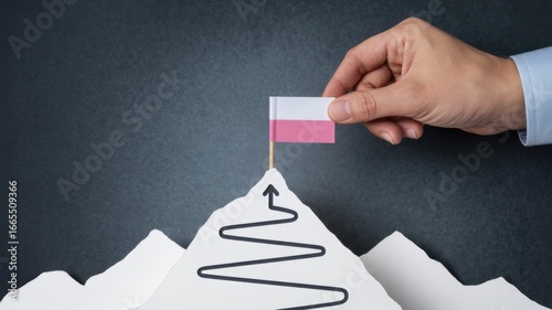 Fototapeta Naklejka Na Ścianę i Meble -  A hand places a polish flag on a paper mountain peak, symbolizing success, achievement, and the challenges of reaching a goal