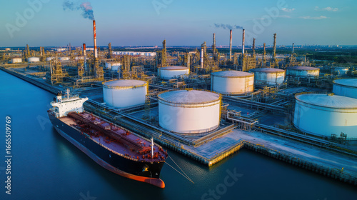 Aerial view of large oil refinery with storage tanks and tanker ship docked nearby, showcasing industrial infrastructure and energy production. scene conveys sense of scale and activity