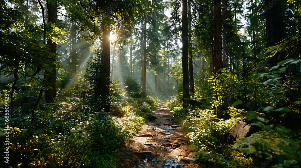 Obraz premium Sunlit Forest Path Lush Green Trees and Sunlight Streaming Through