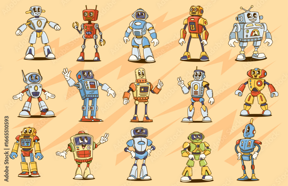 Cartoon groovy robot characters of retro hippie bot toys with happy smiles. Vector AI robot personages of vintage groovy humanoid cyborg, funky alien space transformer and humanoid droid personages