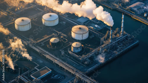 Aerial view of oil refinery featuring large storage tanks and industrial structures, with smoke billowing from chimneys, showcasing complexity of energy production