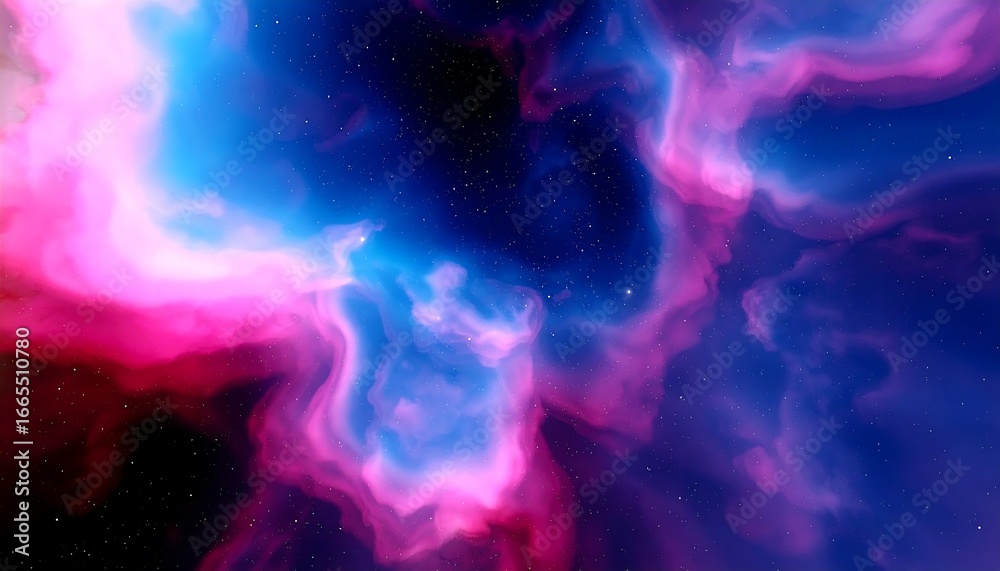Fototapeta premium A vibrant display of cosmic nebulae, exhibiting swirling, glowing hues of pink, blue, and purple, against a backdrop of star-studded darkness.