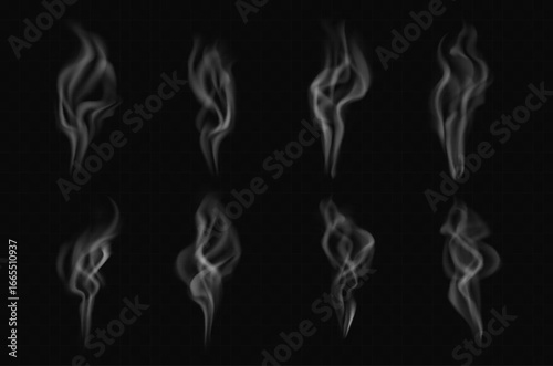 Hot coffee or tea steam. Vector realistic smoke set rising from hot coffee or tea. Transparent white swirls and curls of vapor, heat wave shapes with soft blurred effect isolated on dark background