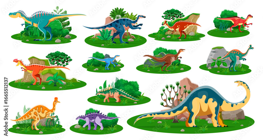 Naklejka premium Jurassic era prehistoric dinosaurs in jungles. Dubreuillosaurus, aralosaurus, amurosaurus and pegomastax, monolophosaurus dinosaur funny vector characters, rainforest trees, bushes and fern plants