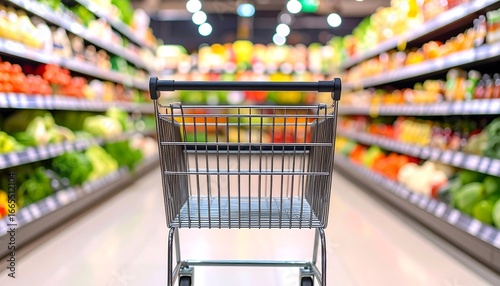 An empty metal shopping cart stands in a brightly lit grocery store aisle, filled with colorful fruits and vegetables.