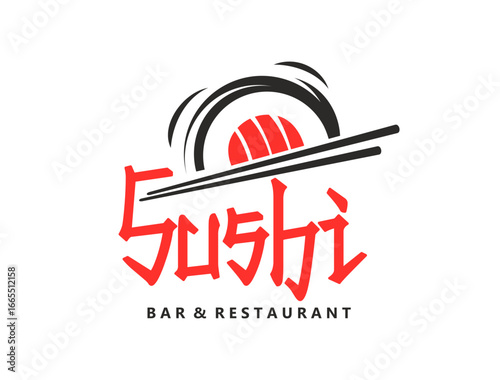 Japanese cuisine salmon sushi restaurant or bar icon. Asian seafood restaurant, japanese cafe or oriental cuisine bar abstract vector icon or symbol with sushi roll, chopsticks and red calligraphy