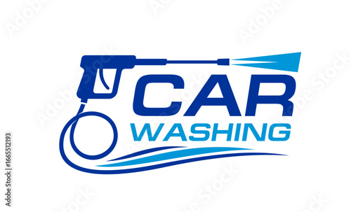 Car washing and auto detailing service icon. Vehicles and automobiles cleaning service vector sign, carwash equipment store or company emblem water high pressure washer silhouette and blue typography
