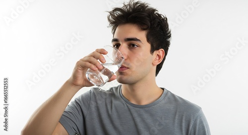爽やか青年 清潔な水 飲む 白い背景 自然光 (Sayaka seinen kisei na mizu nomu shiroi haikei shizenkou) This translates roughly to: Refreshing young man, clean water, drinking, white background, natural light.