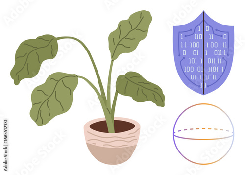 A leafy plant in a terracotta pot, digital shield with binary code, and a sphere with division lines. Ideal for tech-nature balance, data protection, sustainability, growth, innovation, harmony