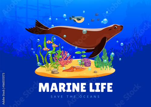Save the oceans banner with cartoon sea animals and seaweeds, seal, cuttlefish, puffer fish and sunken ship silhouette. Vector underwater environmental and conservation marine life awareness