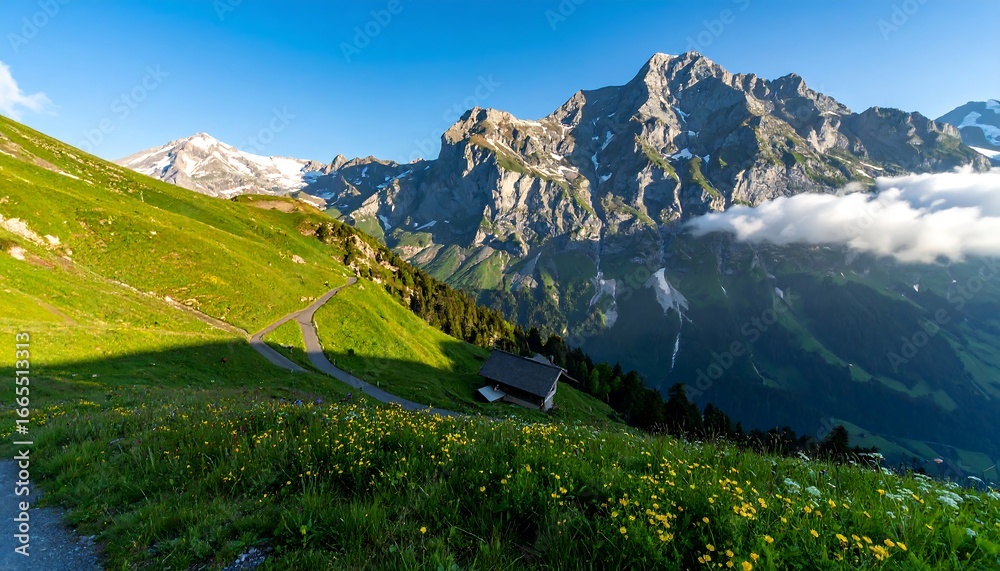 Obraz premium Lush alpine meadows cascade down a mountainside, showcasing a winding road, quaint mountain homes, and towering peaks, bathed in the golden light of a summer morning.
