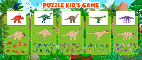Cut and glue game template with prehistoric dinosaurs for jigsaw puzzle, vector constructor. Kids game with cut pieces of dinosaur to cut and glue matching the picture of cartoon Jurassic lizards