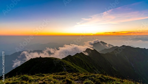 A breathtaking mountain vista at sunrise, with rolling hills covered in lush greenery, and a sea of clouds below, bathed in warm, golden light.