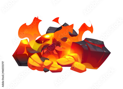 Fire flames on coal, fireplace charcoal with burning ember coal pieces and ash, cartoon vector. Ember of firewood coal or charcoal pieces burn in fire flames of fireplace or hearth and campfire
