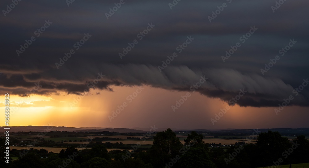 Obraz premium 夕焼け空に迫る 暗い雨雲 激しい雨 壮大な自然風景. AI Generated