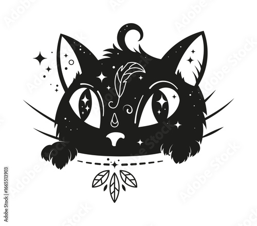Black magic cat with mystic boho art of celestial symbols and witch animal, cartoon vector. Magic black cat funny muzzle face with astrology and witchcraft signs and stars for mystery and esoteric