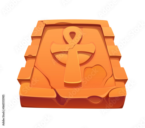 Cartoon stone tablet featuring a carved ancient Egyptian ankh symbol. Vector rock plate with weathered edges, Egypt game icon asset, treasure, archaeology, mythology, or historical finds or artefact