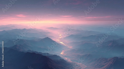 Beautiful purple and pink sunset sky above mountain ranges with soft glowing light creating a serene tranquil panoramic natural landscape view at dusk